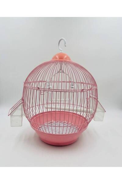 aksel pet shop PEMBE YUVARLAK DÜNYA KUŞ KAFESİ 40CM (2 YEMLİK,SALINCAK,TÜNEK)