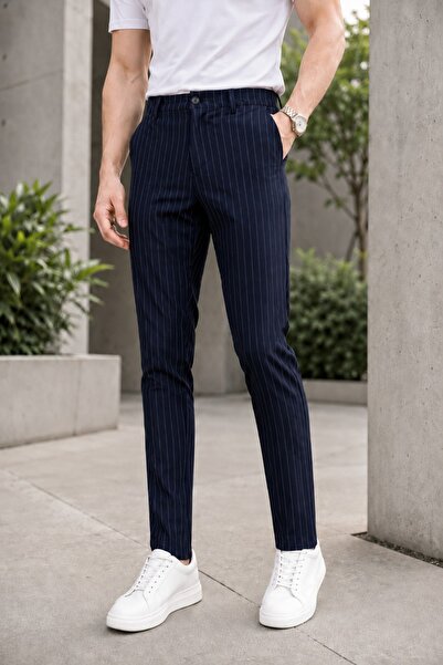 MODAMESTO Men's Navy Blue Slim Fit Striped Lycra Side Pocket Ankle Length Fab...