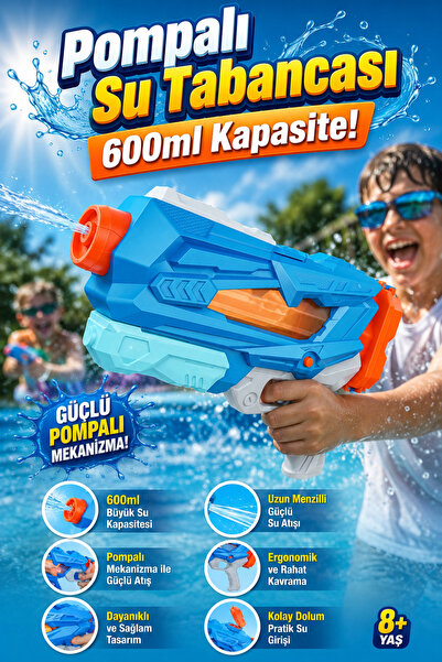 craftivio Pompalı Su Tabancası 600 ml Büyük Boy Uzun Menzilli 8 Metre Atış Me...