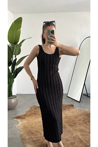 asfamoda Women's Black Ribbed Textured Jacquard Lined Maxi Dress Sleeveless B...