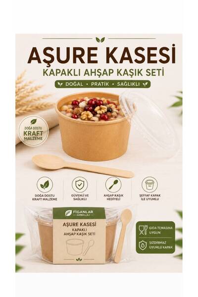 figanlar ambalaj 16 Oz Kraft Aşure Kasesi Şeffaf Kapaklı Ahşap Kaşık Seti Çor...