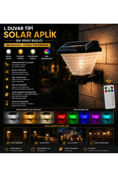 İnformed 30 W GÜNEŞ ENERJİLİ L DUVAR TİPİ SOLAR APLİK (UZAKTAN KUMANDALI) (BEYAZ-GÜNIŞIĞI-GÜN BEYAZI-RGB)