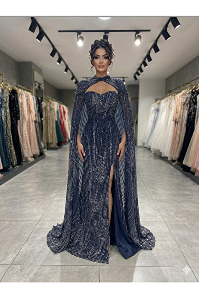 Opulence Lacivert Payetli, Pelerinli ve Yırtmaçlı Abiye Elbise