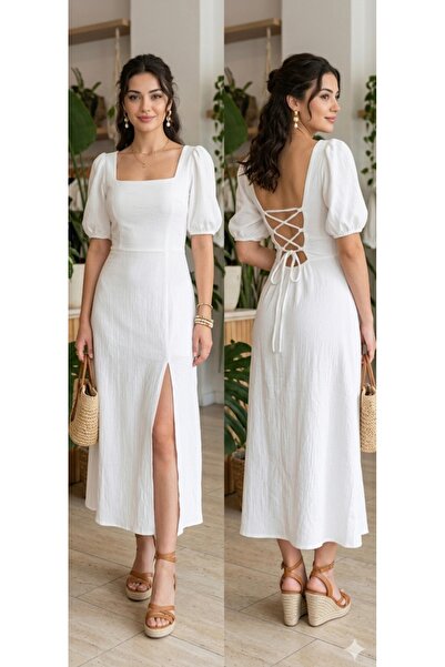 MODA White Midi-Length Linen Dress with a Slit Above the Knee and a Tie at th...
