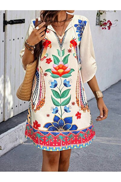 Iuliashop Rochie scurtă Silena Crem cu imprimeu multicolor - S