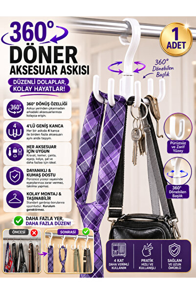 HopeWay Home 360° Döner Aksesuar Askısı 4'lü Kancalı Kravat Kemer Çanta Eşarp...