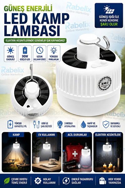 Rabelix Online Marketing 90W Güneş Enerjili LED Kamp Lambası USB Şarjlı Taşın...