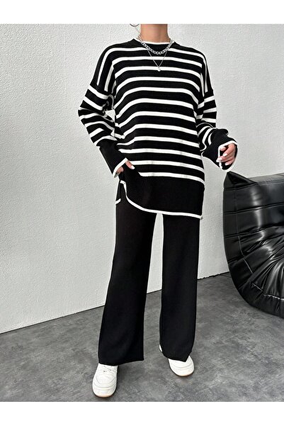 Iuliashop Knitted Set with Simona Black Pants with White Stripes