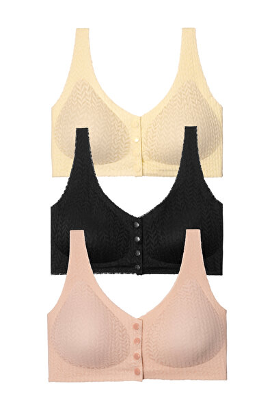 Women's 3-Piece Seamless Bra Set Front Snap Fastener Comfortable Bustier Black Cream Pink