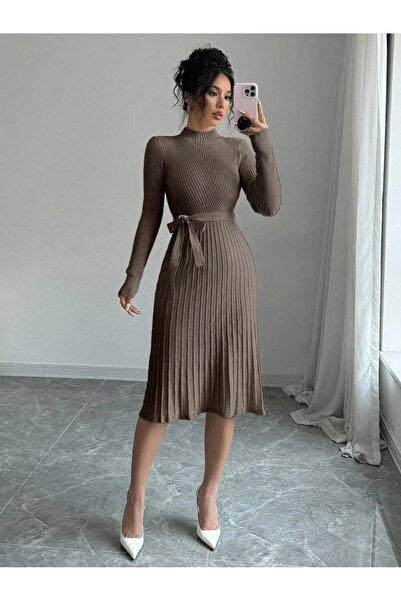 Iuliashop Rochie midi tricotată maro deschis Sara - XS