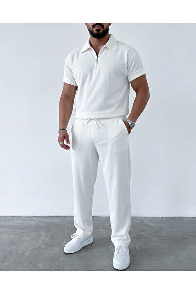 blucombin Set de 2 piese: Tricou polo și pantaloni largi, din material Ottoma...