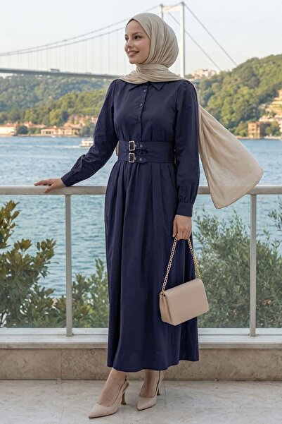 InStyle Navy Blue Dress with Double Buckle Belt