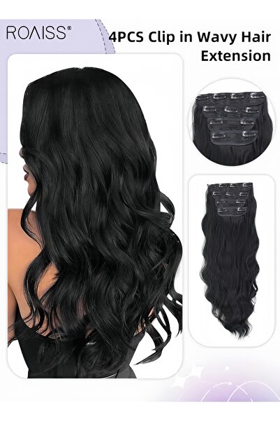 ROAISS 4Pcs Clip in Wavy Hair Extensions Invisible Adjustable Long Synthetic ...