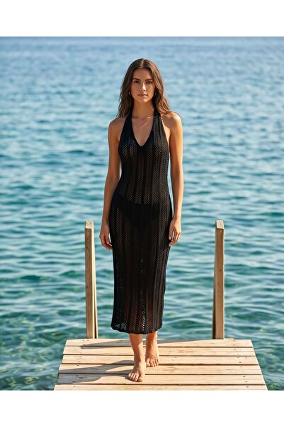 Trend Kapında Summer Halter Neck Backless Knitwear Dress