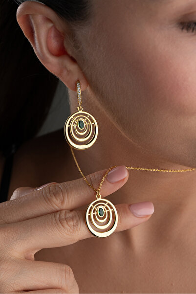 Silvano Jewelry 925 Ayar Gümüş Halkalı Yeşil Oval Taşlı Set