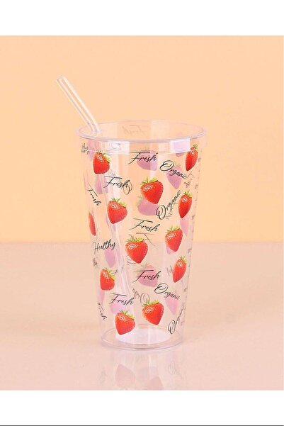 Mestore Patterned Plastic Glass with Straw 16 Cm 1 Piece Royaleks-ENF-040