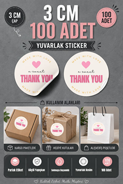 qoeuyl boutique A Sweet Thank You Baskılı 3 Cm Yuvarlak 100 Adet Sticker Pake...