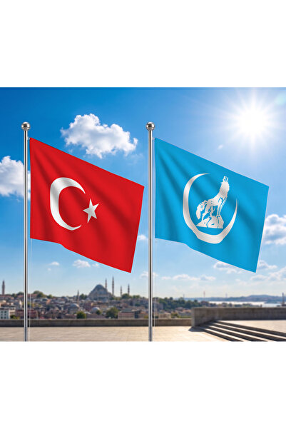 puntodizayn Mavi Hilal Kurt Bayrağı ve Alpaka Kumaş Türk Bayrağı 2'li Set 70x...