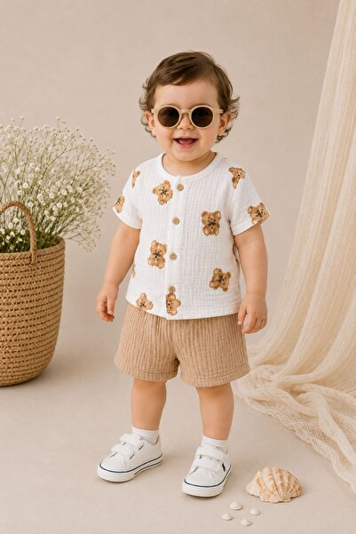 Minytrendy Baby Boy 100% Cotton Muslin Top and Bottom Set with Shorts Short S...