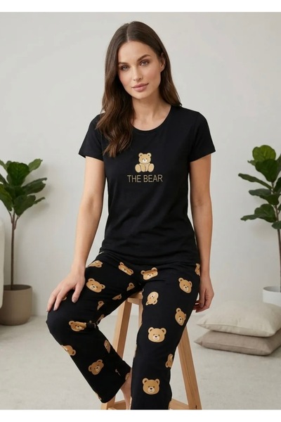 LENA PURE Kadın Siyah Ayıcık Desenli Kısa Kollu Pijama Takımı Rahat Ev Giyim
