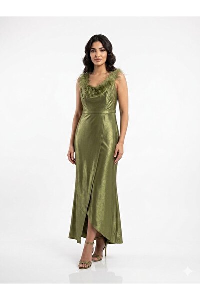 sea gulf Soft Shiny Satin Evening Gown with Feathers Around the Neck and a Sl...