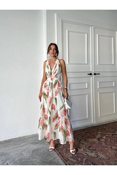 D'RECCY Women's Neck-Tie Backless Patterned Chiffon Dress