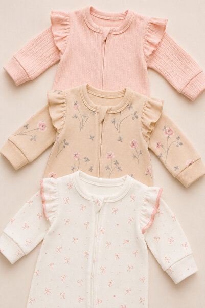 My Babies Label Fırfır Detaylı 3’lü Fermuarlı Yenidoğan Tulum Seti 0-3 Ay