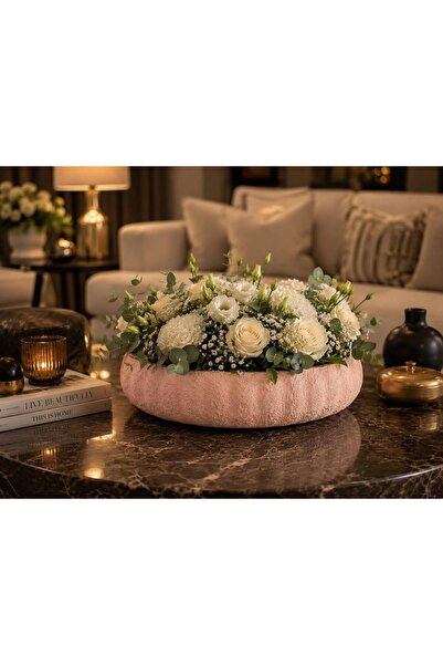 MdHomeDekorasyon Seramik Dokulu Polyester Soft Ecru Derin VAZO