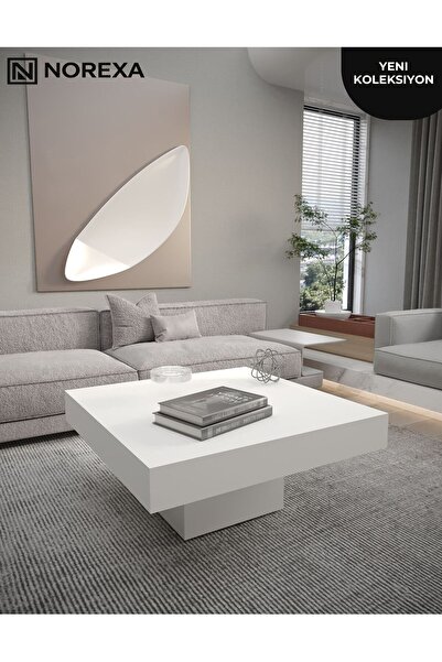 NOREXA Premium Modern Orta Sehpa Beyaz Salon Sehpası Minimal Tasarım Kare Sehpa