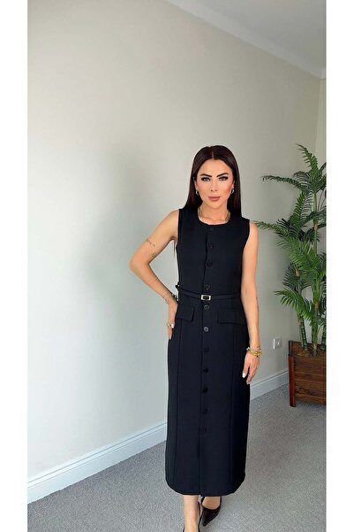 DİDEM GÜLTAKTI Ponte Women's Buttoned Maxi Length Black Dress