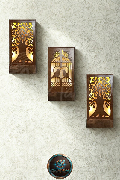 netlazerr 3 Lü Set Peri Ledli Masif Ahşap Tablo Ev Hediyesi Gece Lamba 36x18 ...