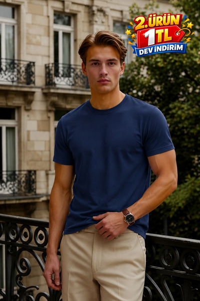 DAMGA JEANS Men's Relax Fit Short Sleeve 100% Cotton Navy Blue T-Shirt