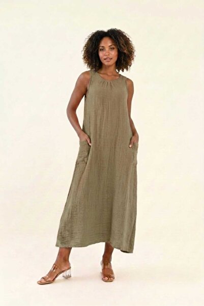 madam trend Olive Green Women's 100% Cotton Muslin Fabric Pocketed Sleeveless...