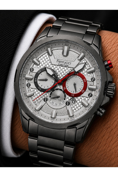 Ferrucci Men's Wristwatch Steel Band Smoked Color Function Calendar Gift Boxed