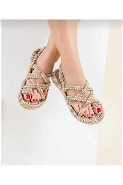 BARAK SHOES Kadın Bej Renkli Halat Yazlık Sandalet