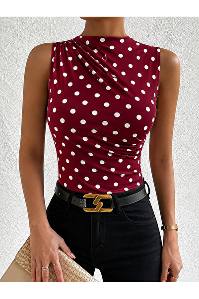 HIMMELDUF Polka Dot Patterned Crew Neck Draped Stretch Fabric Women's Blouse