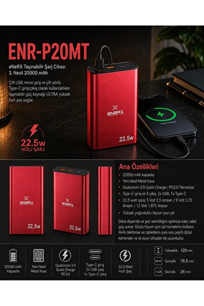 ENERX ENR-P20MT Powerbank 20000 Mah 22.5W Hızlı Şarj, Yeni Nesil Metal Kasa T...