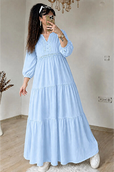 AZRA BUTİK Ruffled Skirt Lace Ribbon Detailed Dress Blue