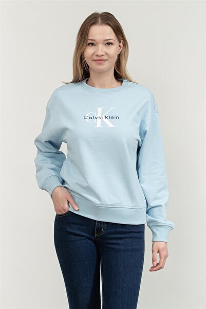 Calvin Klein LS MONOLOGO FRENCH TERRY RLXD CR Mavi Kadın Sweatshirt