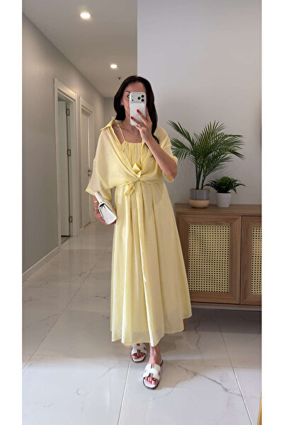 BİRCANÇİL Vindas Yellow Shirred Detailed Shirt Dress Set