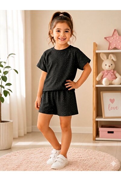 Ysferbutik Girl's Shorts T-Shirt Set with Stones, 2-Piece Set