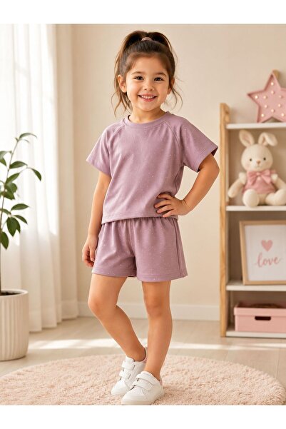 Ysferbutik Girl's Shorts T-Shirt Set with Stones, 2-Piece Set