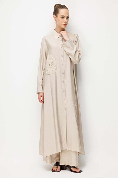 Micca %85 LyoCELL Aller Özel Taş ve Desen İşlemeli Maxi Tunik Elbise Ferace-Taş
