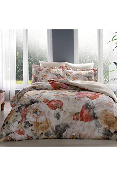 Taç Lenjerie pat dublu satin 6 piese,Tac DELUX Digital Charlene Bej floral ar...