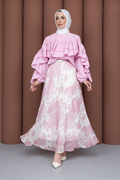 PAVENTİ Digital Double Suit with Cape Front Skirt Pink