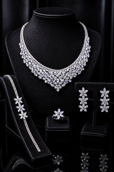 OSMANLI GÜMÜŞ Zirkon Taşlı Su Yolu Tam Set Rodyum Kaplama Viera Model Düğün N...