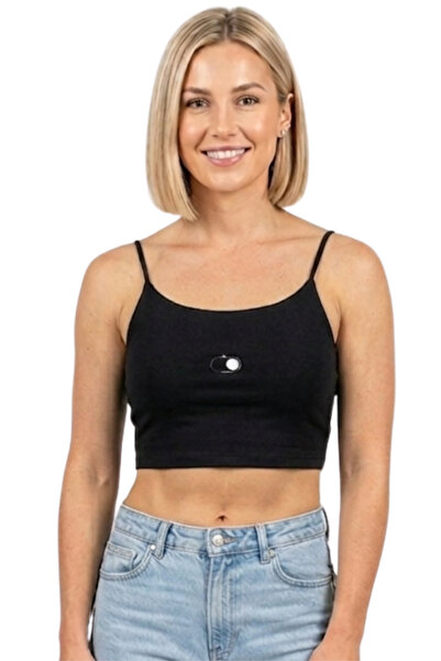 mrm pro Crop top negru pentru femei, cu bretele din șnur, croială elastică, b...