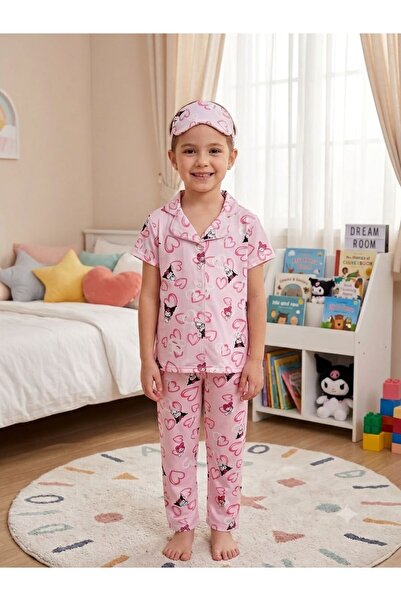ALİŞ KİDS Girl's Cotton Pink Heart Kuromi Patterned Shirt Collar Buttoned Sho...