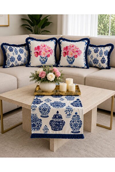 adenkahome Seria BLUE BLANC, Set de 5 huse de pernă și traversă cu franjuri d...
