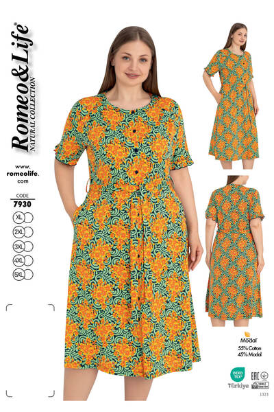 ROMEO LİFE Women's Plus Size Cotton Modal Fabric Patterned Buttoned Dress 7930